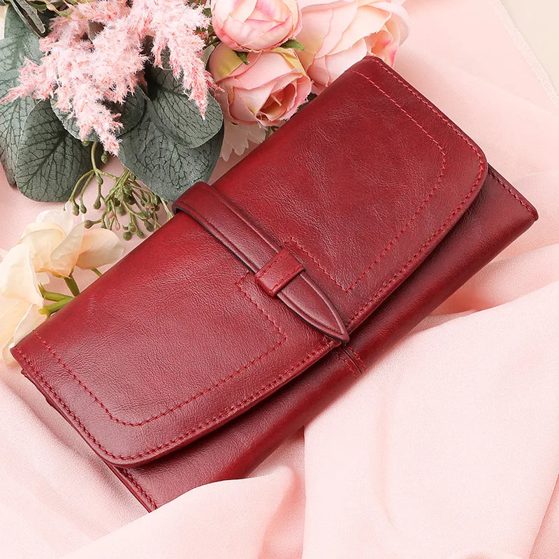 Women's Genuine Leather Wallet Classic Long Wallets with Zipper