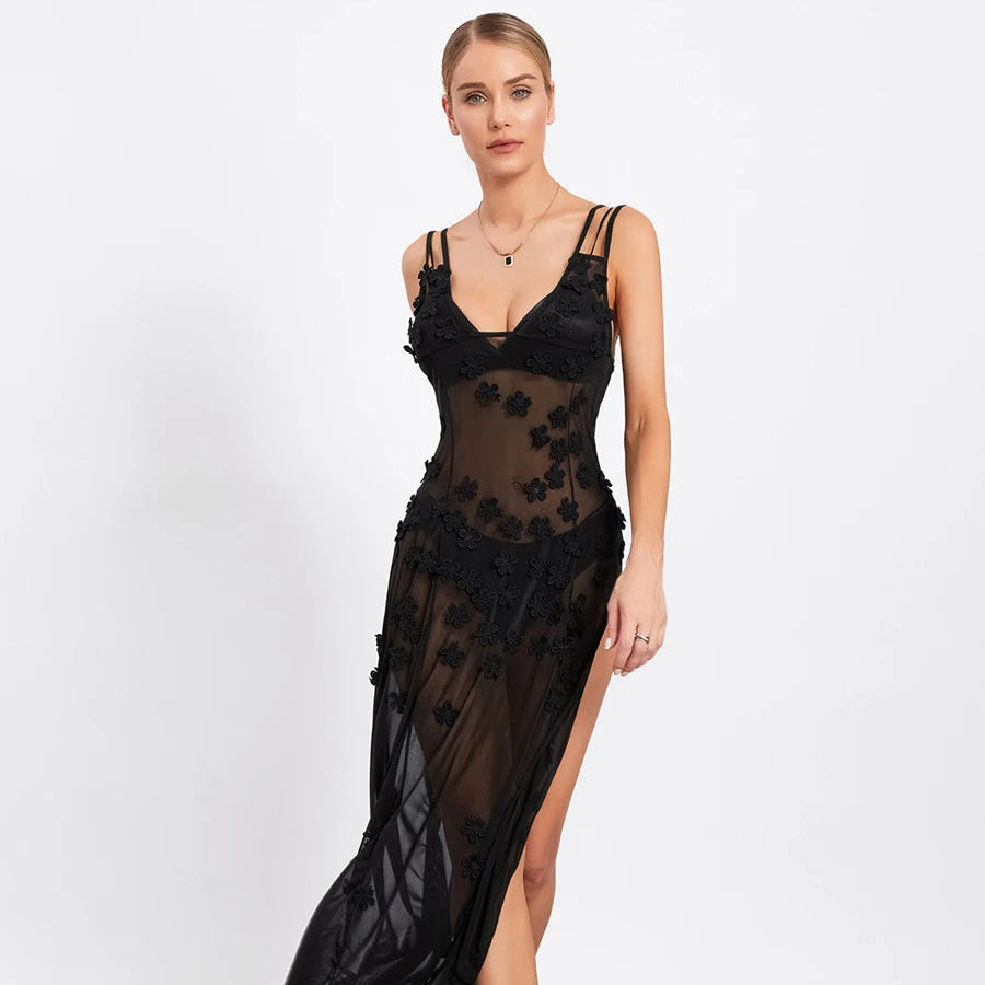 3D Flower Sheer Mesh Long Dress