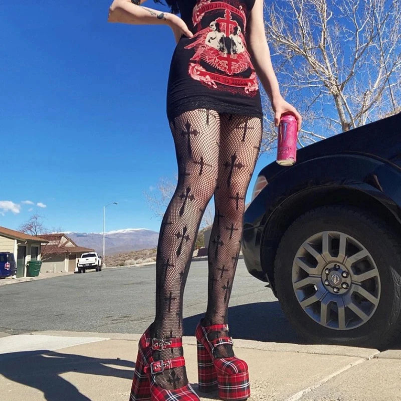 Retro Gothic Lolita Cross Print Socks Fishnet