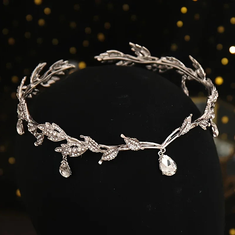 Vintage Crystal Rhinestone Waterdrop Leaf Tiara