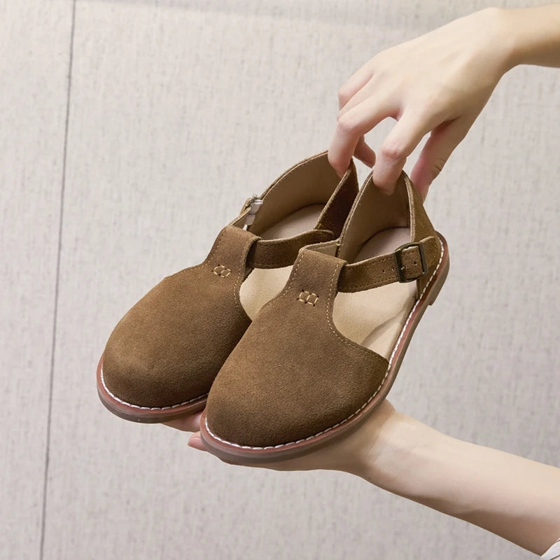 Flat-soled retro frosted genuine leather sandal