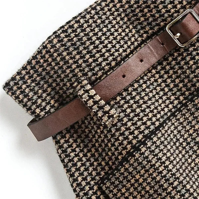 Vintage Plaid Knitted Woolen Midi Skirts