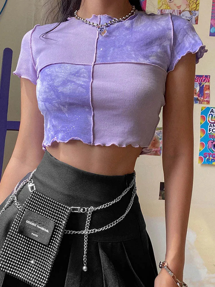 Chic Crop Tops With Sequin Patchwork T-shirts