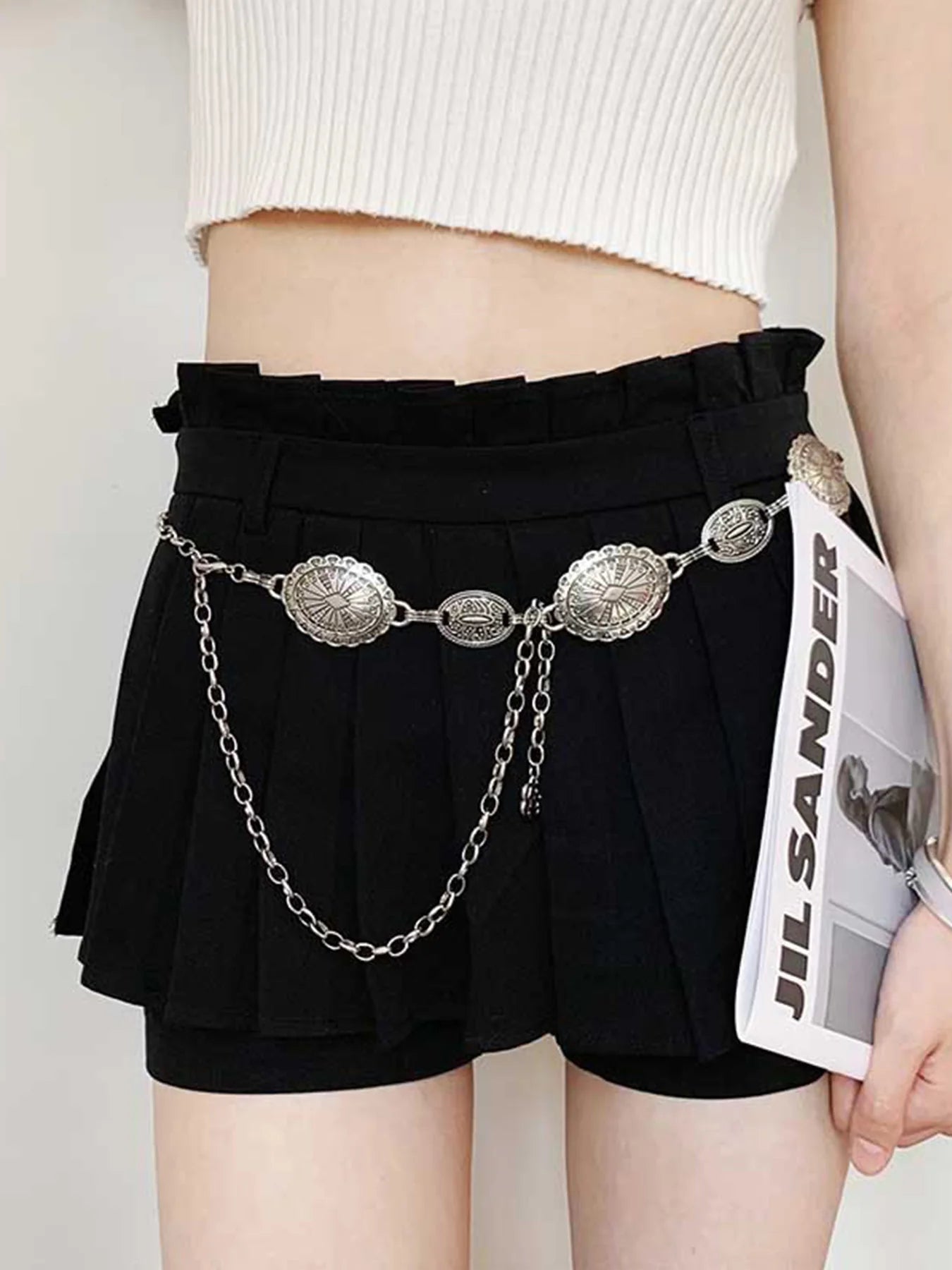 Bohemian ethnic style high-end silver metal chain belt