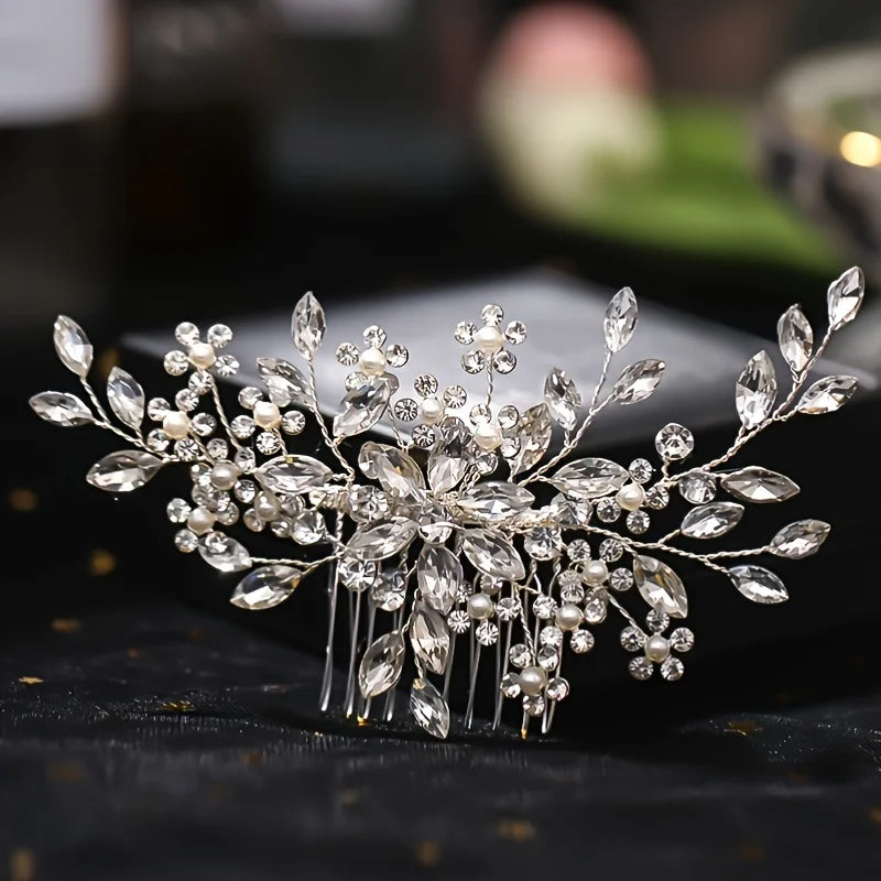 Silver Color Flower Pearl Crystal Wedding Hair Comb