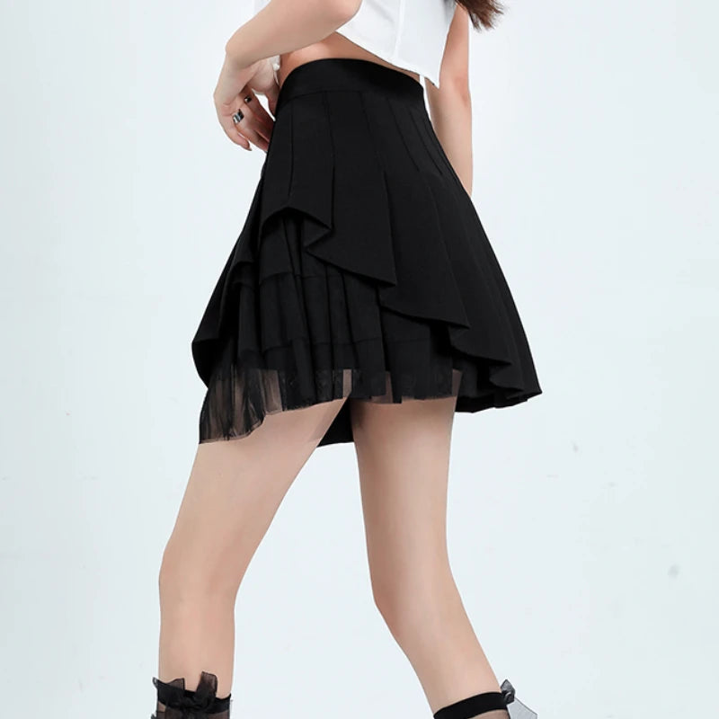 Korean Style Holiday Outfits With Mesh White Mini Pleated Skirts