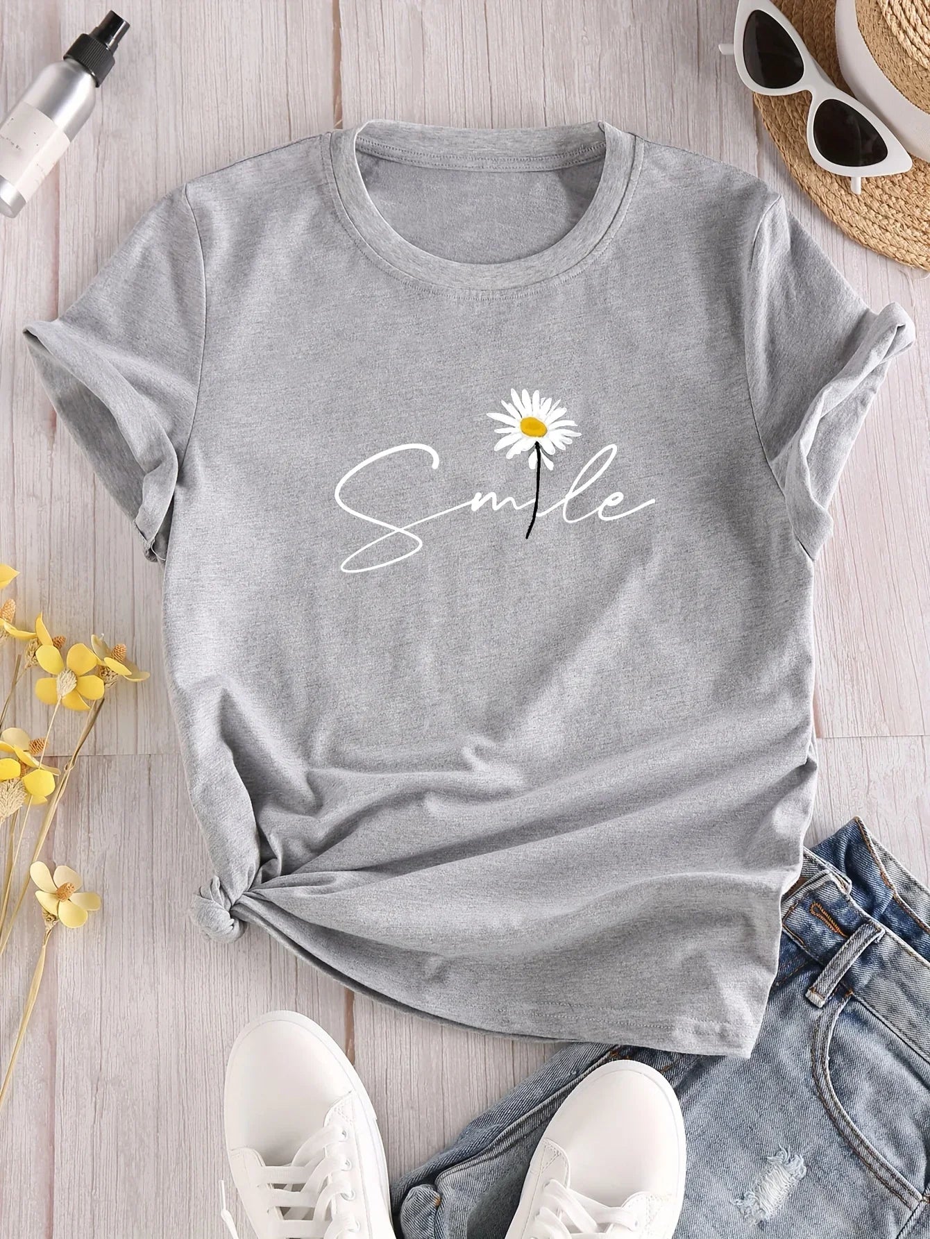 Flower & Letter Print Crew Neck T-Shirt