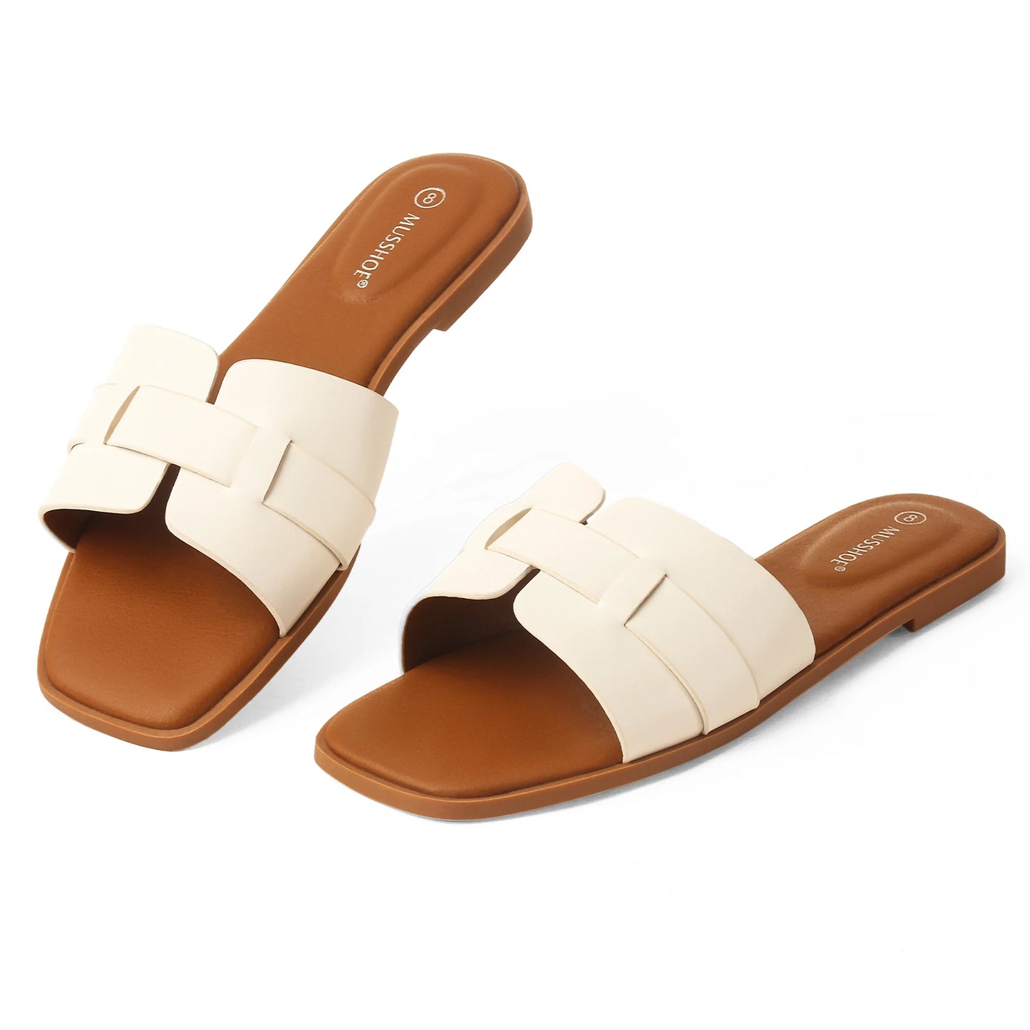 Square Toe Flat Slippers Women Wide Fit Leather Slides