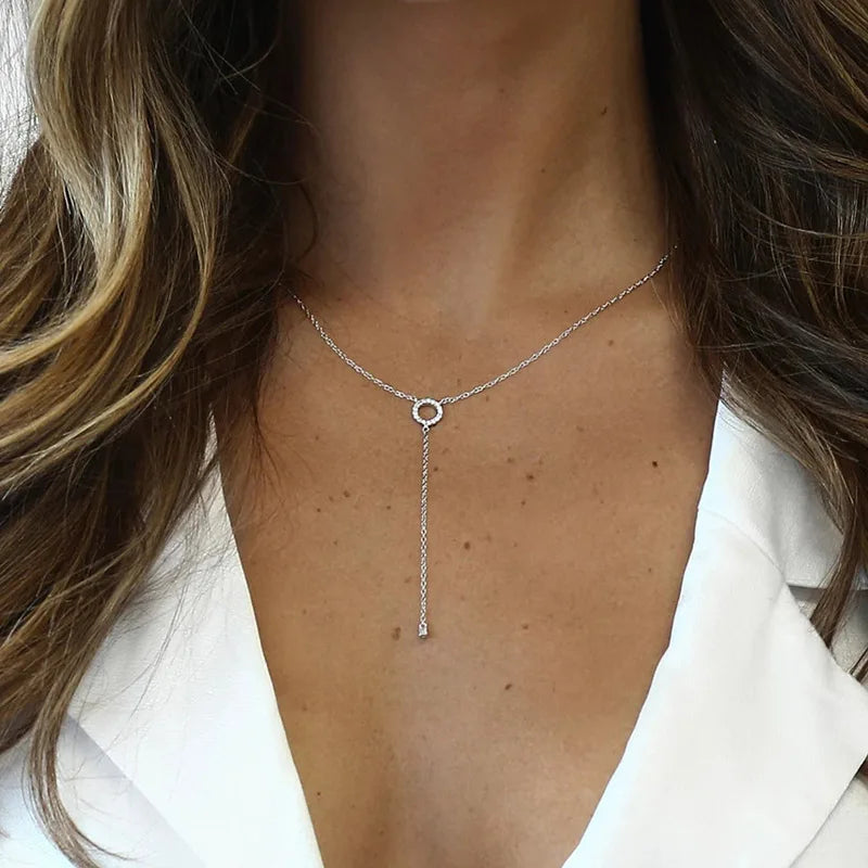 925 Sterling Silver Double-Deck Circle Zircon Pendant Long O-Chain