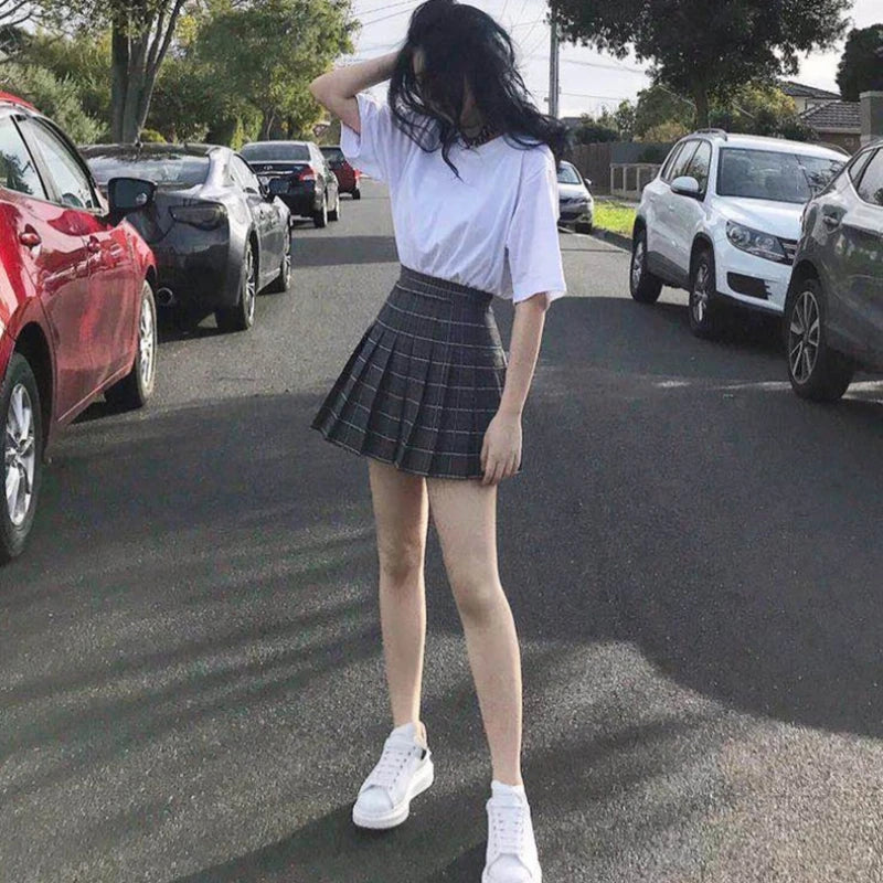 Summer Grey Plaid A-Line High Waist Mini Skirts