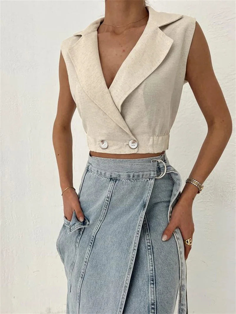 Khaki Linen Tank Tops Sleeveless V-neck Vest Crop