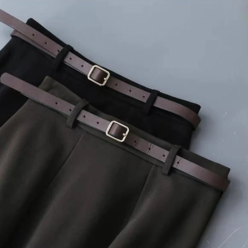 Vintage Belt Woolen Midi Skirt
