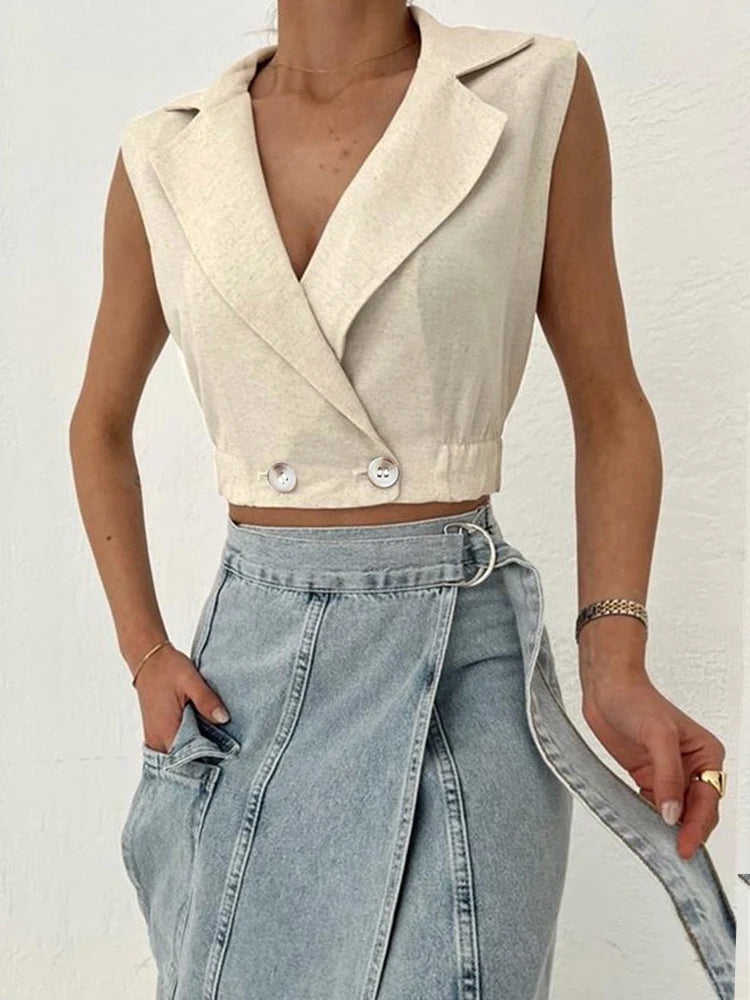 Khaki Linen Tank Tops Sleeveless V-neck Vest Crop