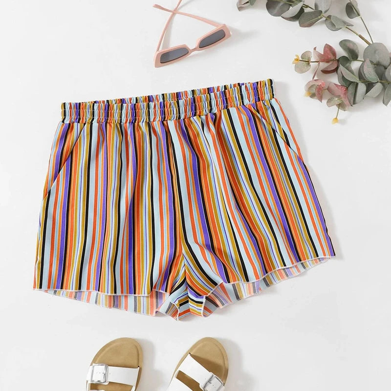 Plus Size Rainbow Stripe Print Casual Summer Shorts