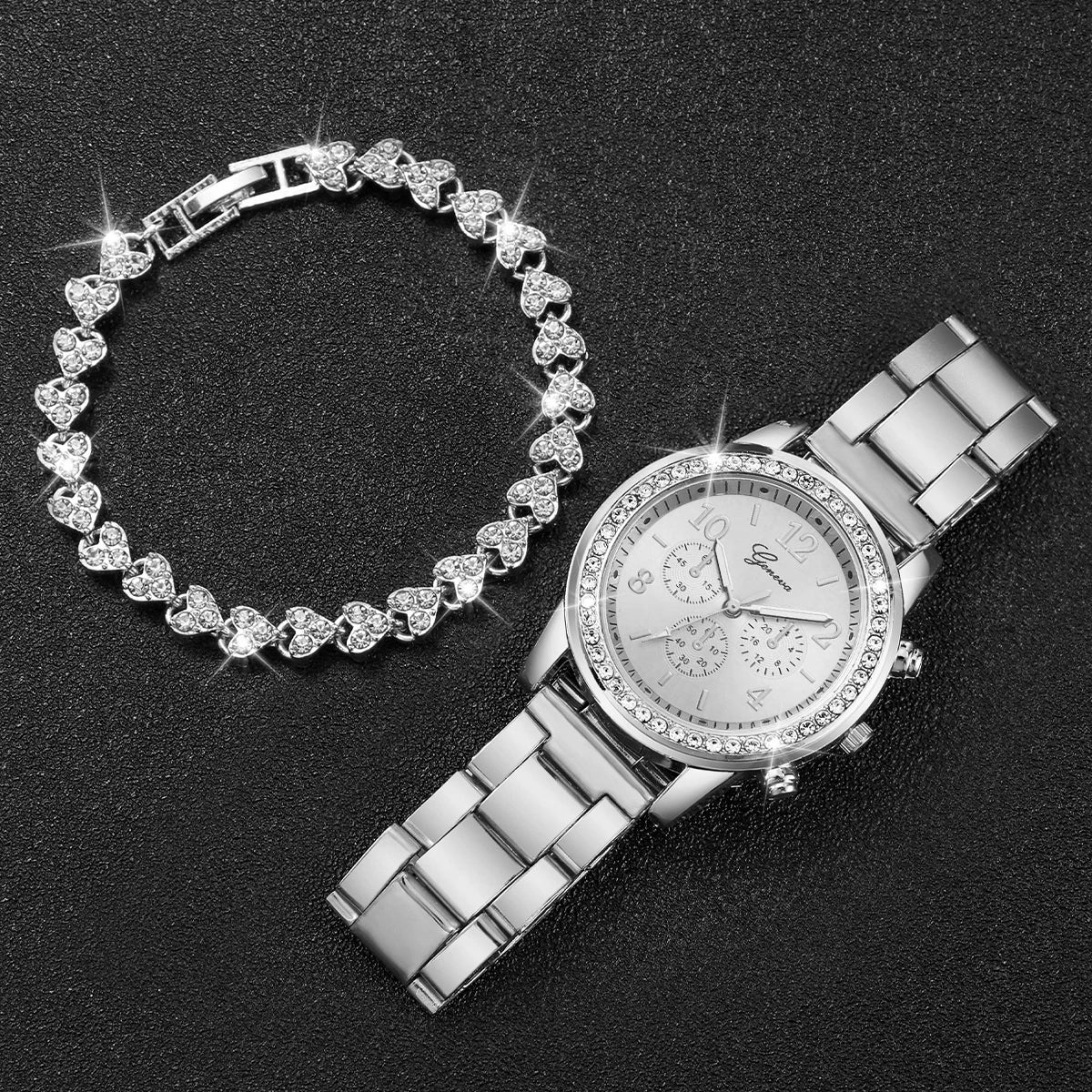 Silver Steel Band Analog Quartz Watches Bracelet Set