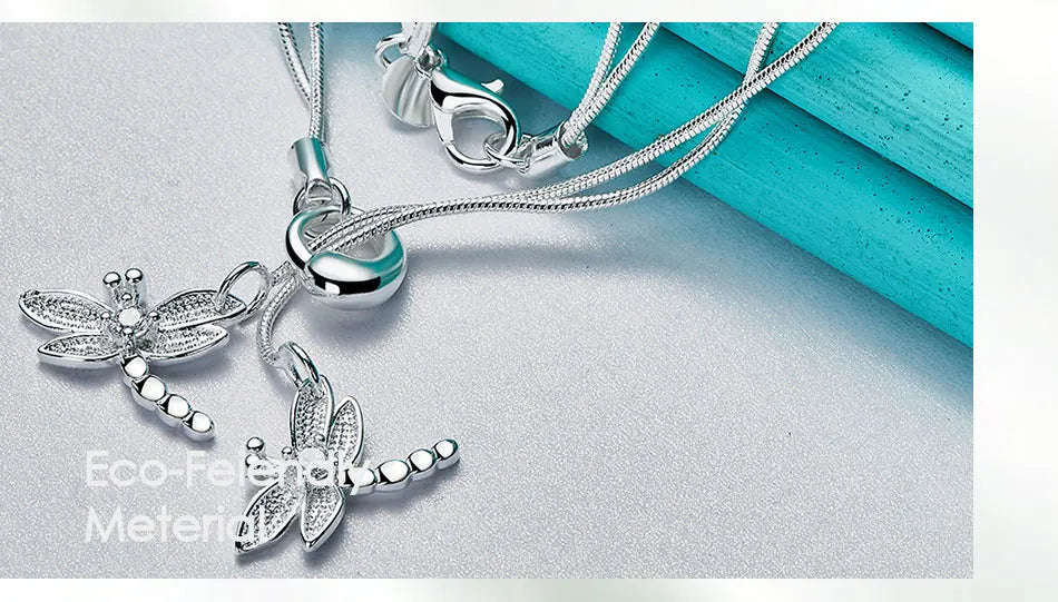 925 Sterling Silver Two Dragonfly Pendant Necklace