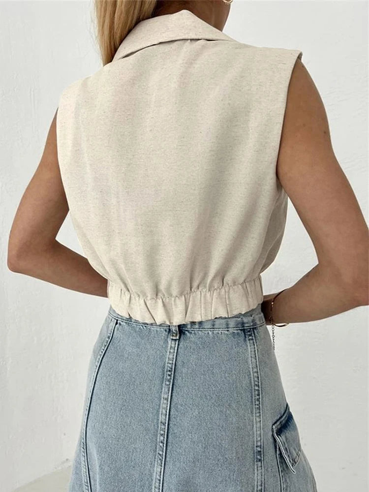 Khaki Linen Tank Tops Sleeveless V-neck Vest Crop