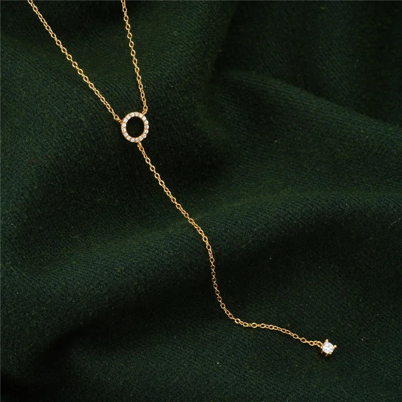 925 Sterling Silver Double-Deck Circle Zircon Pendant Long O-Chain