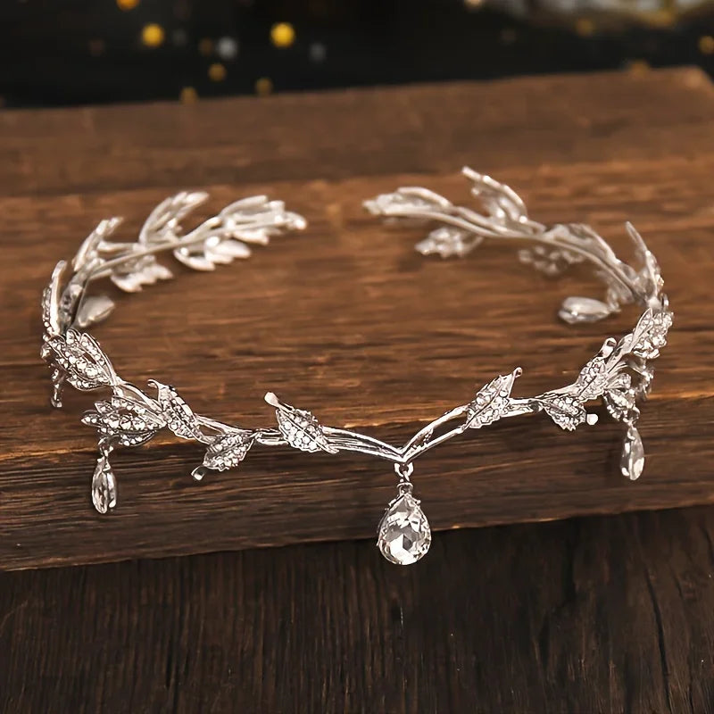 Vintage Crystal Rhinestone Waterdrop Leaf Tiara