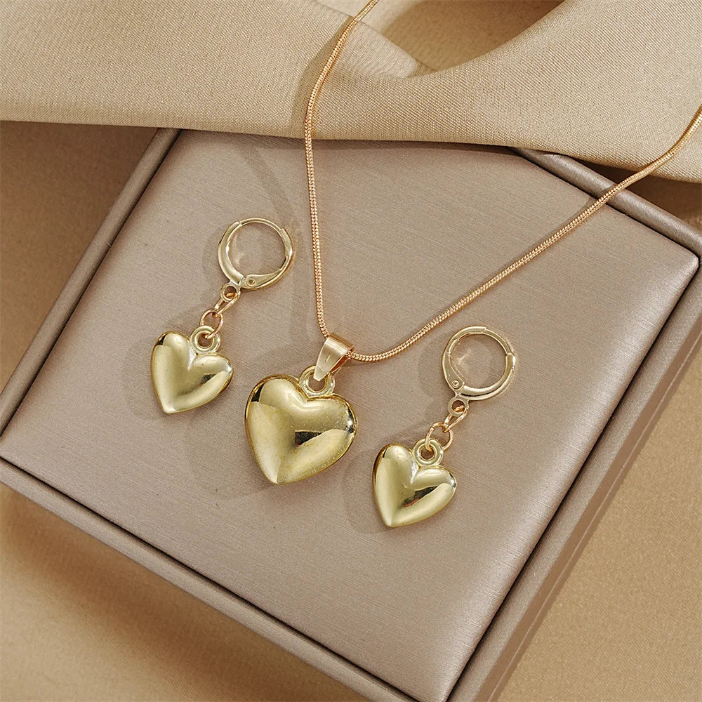Glossy Gold Plated Metal Love Heart Dangle Earrings Necklace