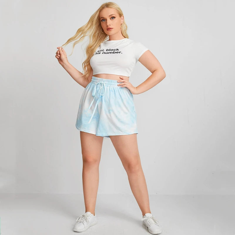 Plus Size Drawstring Waist Summer Casual Tie Dye Shorts