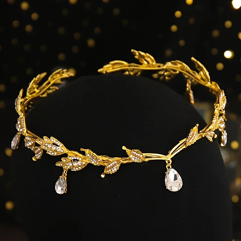 Vintage Crystal Rhinestone Waterdrop Leaf Tiara