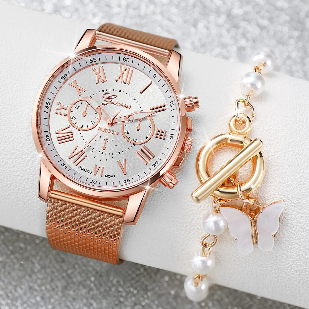 Analog Quartz Watch Pearls Butterfly Bracelet Set