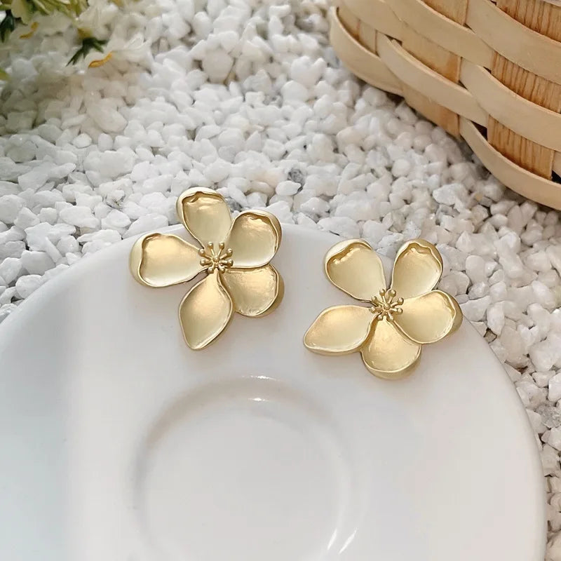 Gold Color Matte Flower Retro Earrings