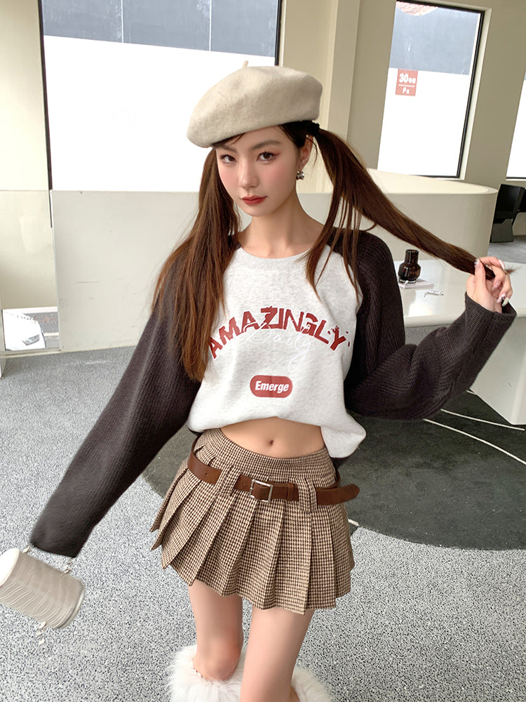 Low Rise Houndstooth Mini Skirt with Belt