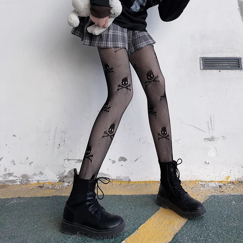 Retro Gothic Lolita Cross Print Socks Fishnet