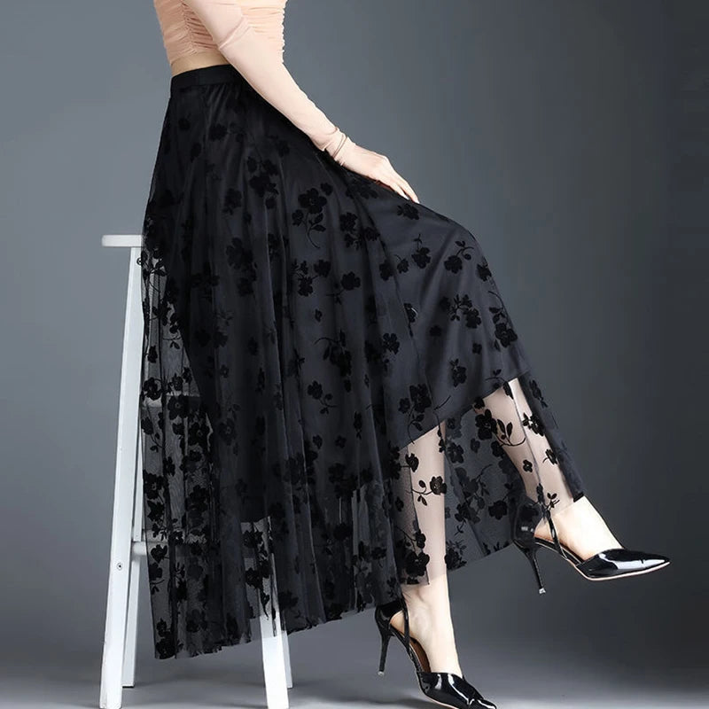 Floral Loose Midi Skirt Elegant Mesh Skirts
