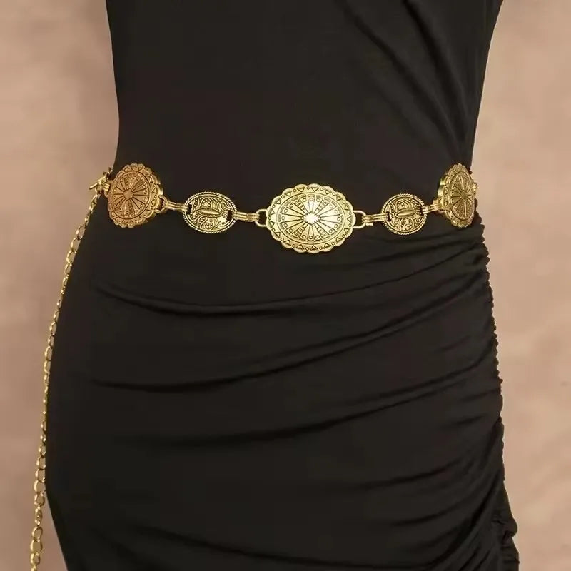 Bohemian ethnic style high-end silver metal chain belt
