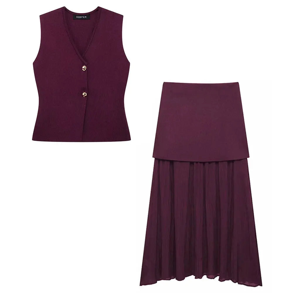2-Piece Set V-Neck Sleeveless Button Knitted Vest Top, Long Skirt