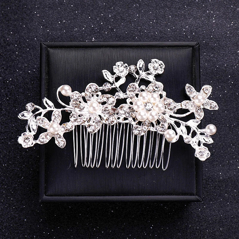 Silver Color Flower Pearl Crystal Wedding Hair Comb