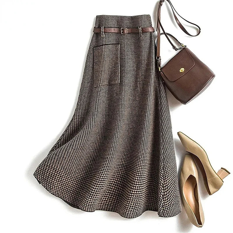 Vintage Plaid Knitted Woolen Midi Skirts