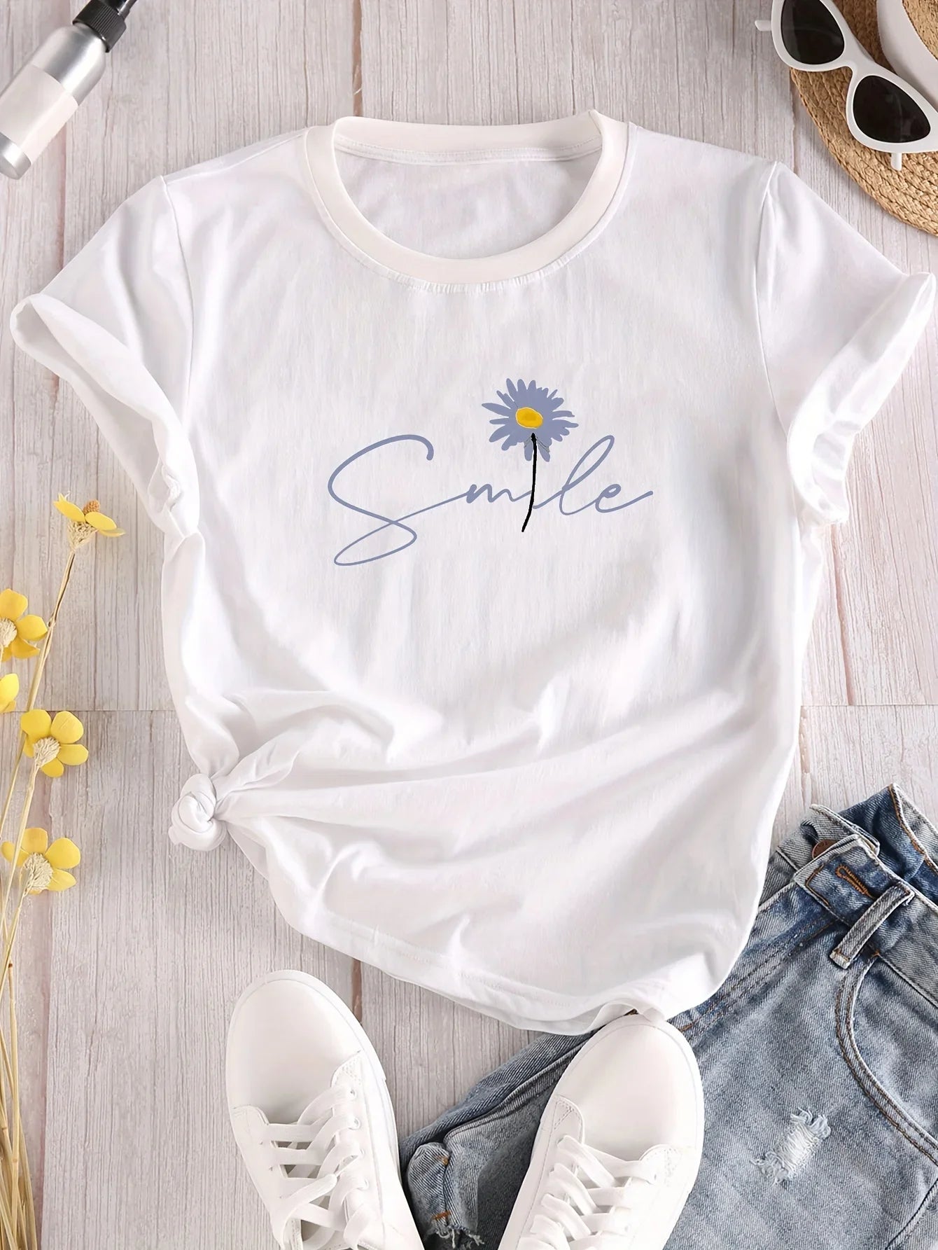 Flower & Letter Print Crew Neck T-Shirt