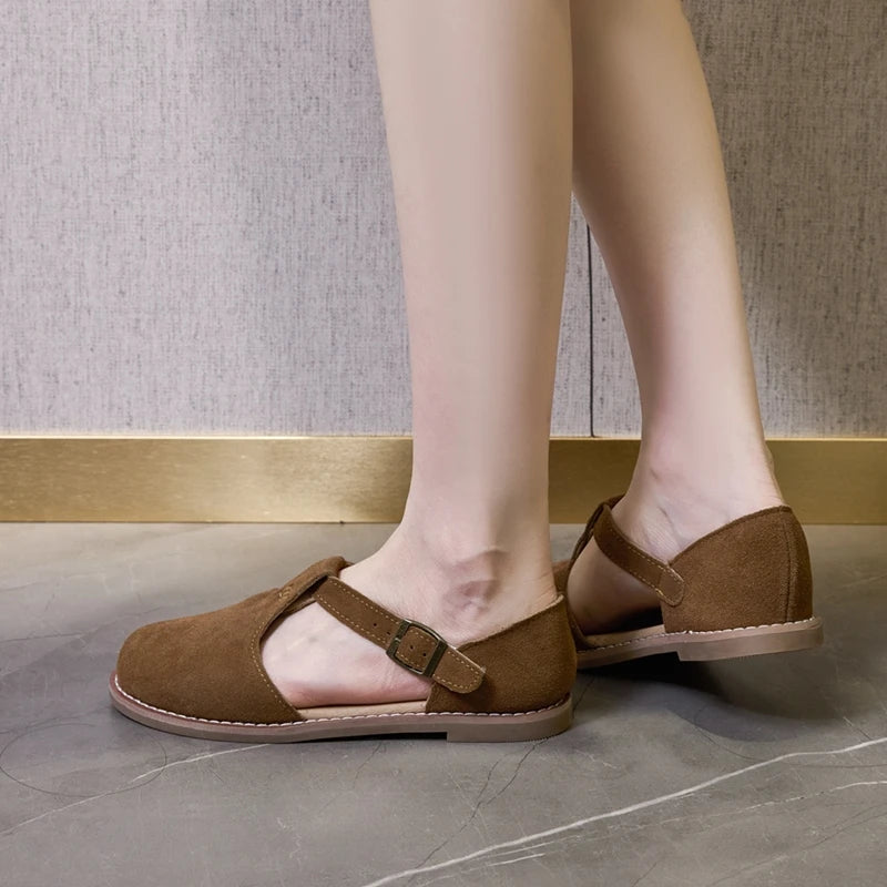 Flat-soled retro frosted genuine leather sandal