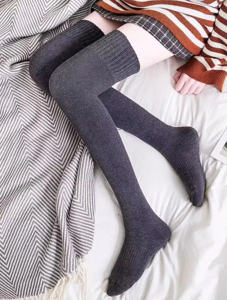 Striped Trim Thigh High Socks