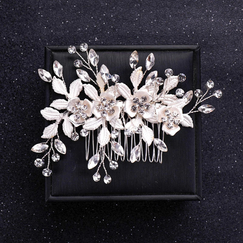 Silver Color Flower Pearl Crystal Wedding Hair Comb