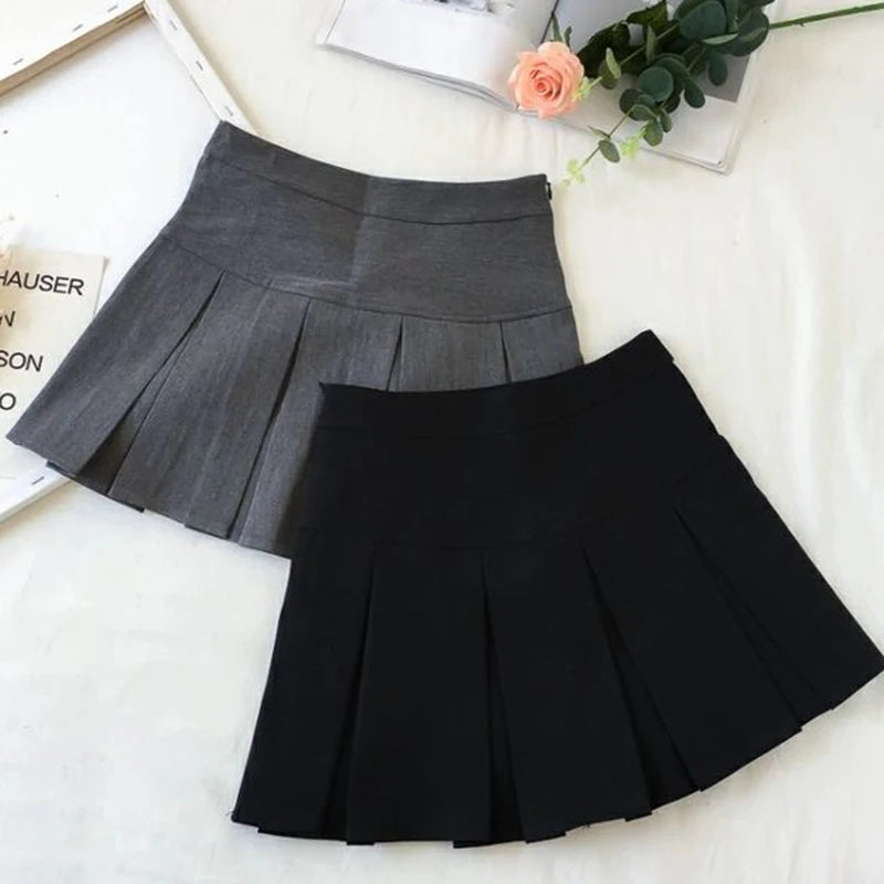 High Waist Zipper Grey Student Mini Skirt