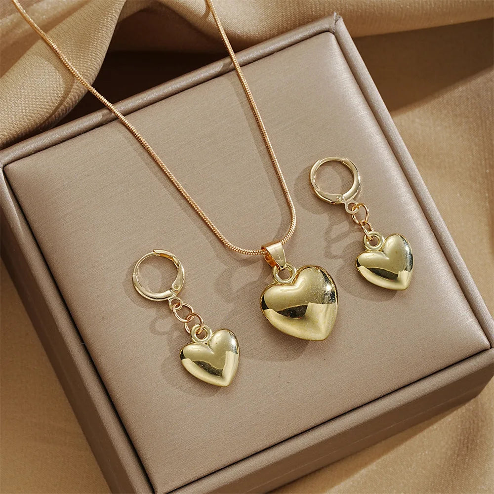 Glossy Gold Plated Metal Love Heart Dangle Earrings Necklace