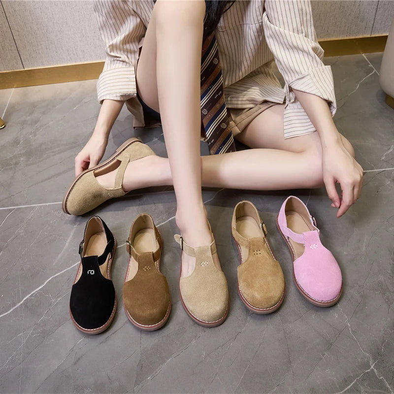 Flat-soled retro frosted genuine leather sandal
