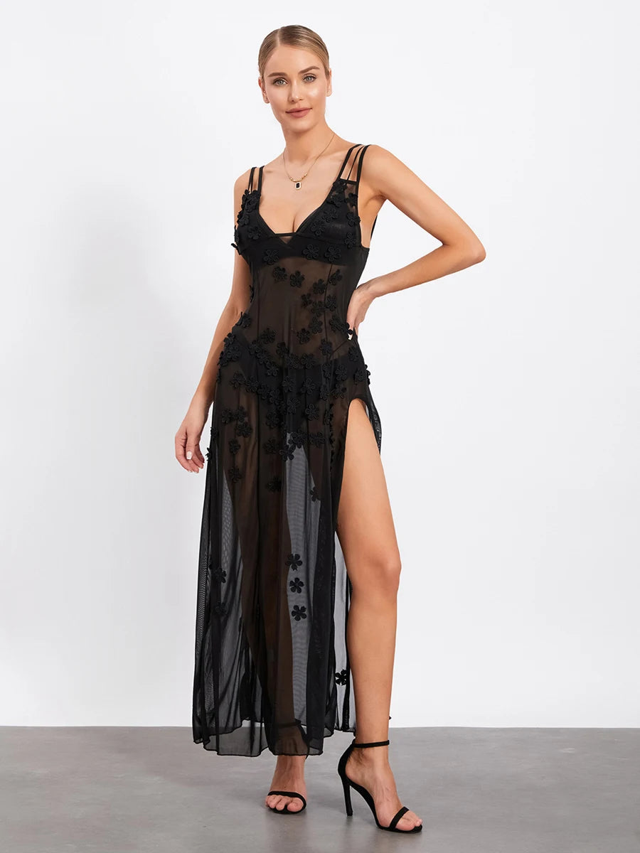 3D Flower Sheer Mesh Long Dress