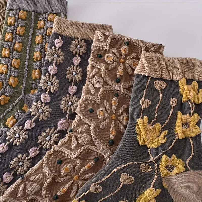 3D Floral Textured Socks, Retro Court Style