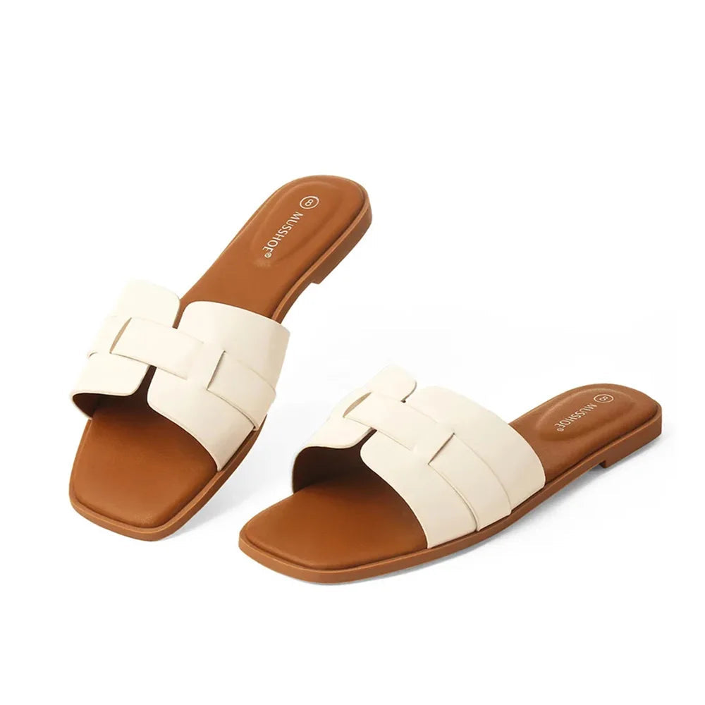 Square Toe Flat Slippers Women Wide Fit Leather Slides