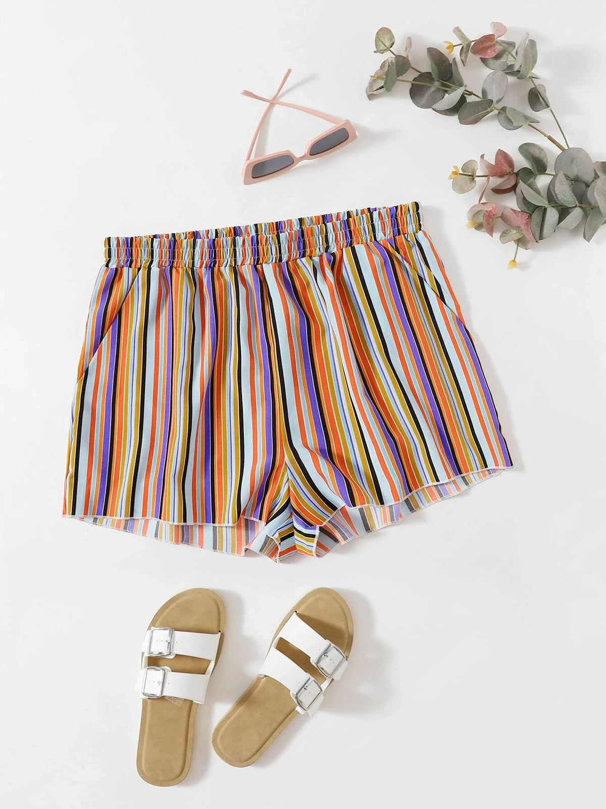 Plus Size Rainbow Stripe Print Casual Summer Shorts