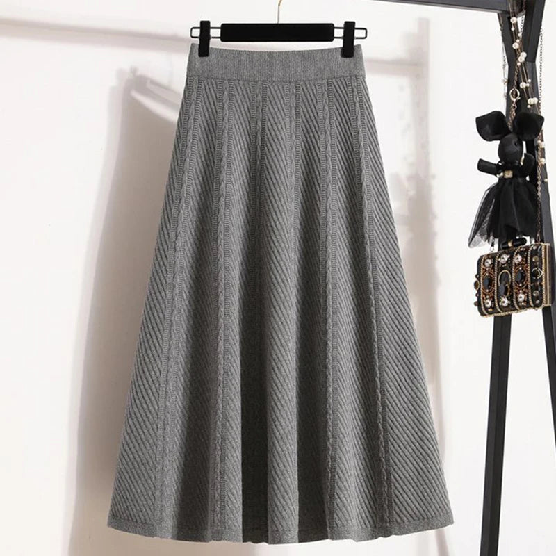 Vintage Knitted Midi Skirt Women Korean High Waist