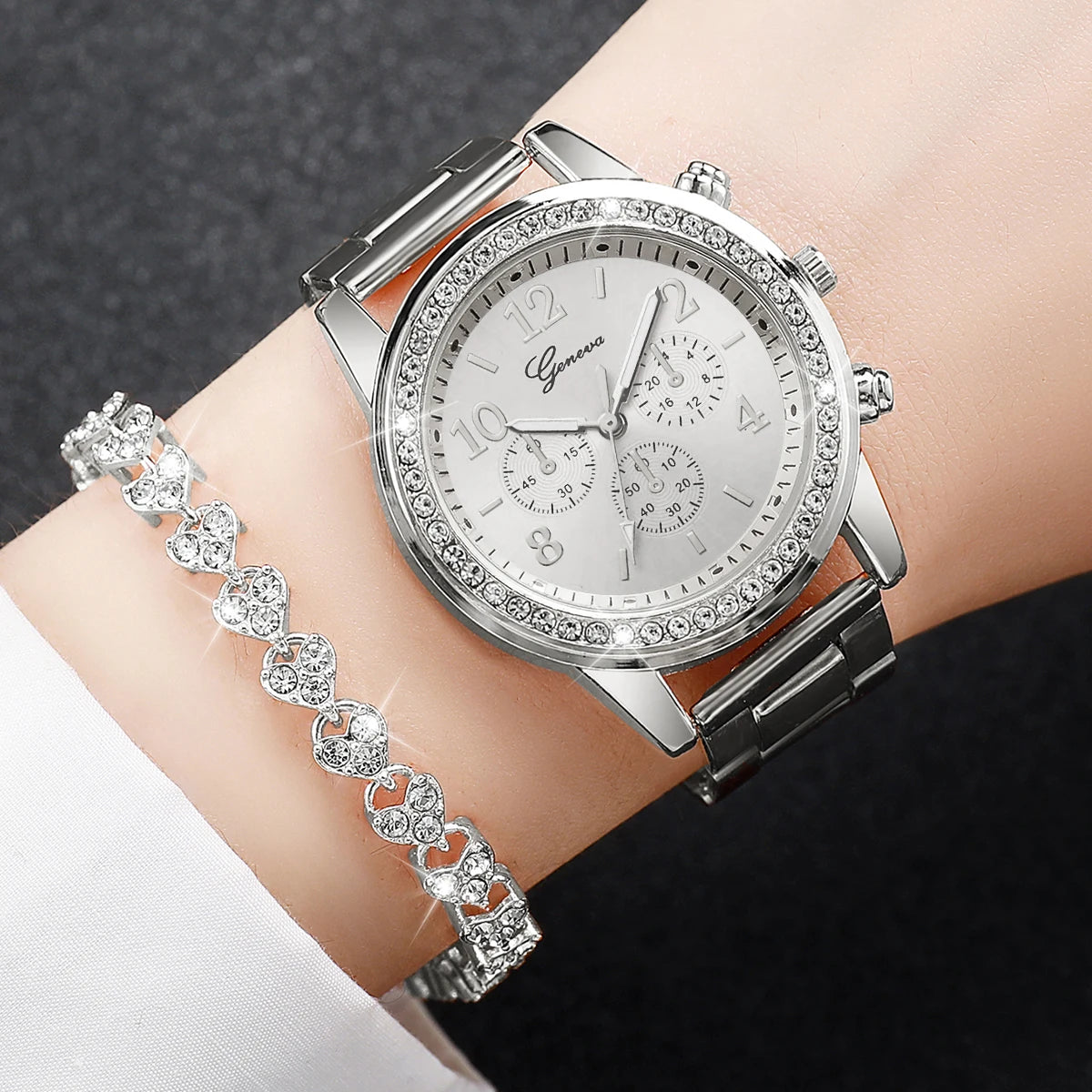 Silver Steel Band Analog Quartz Watches Bracelet Set