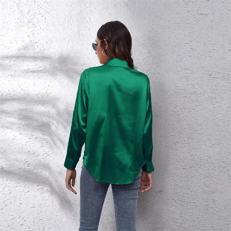 Spring Satin Shirt Women Loose Button Up Blouse
