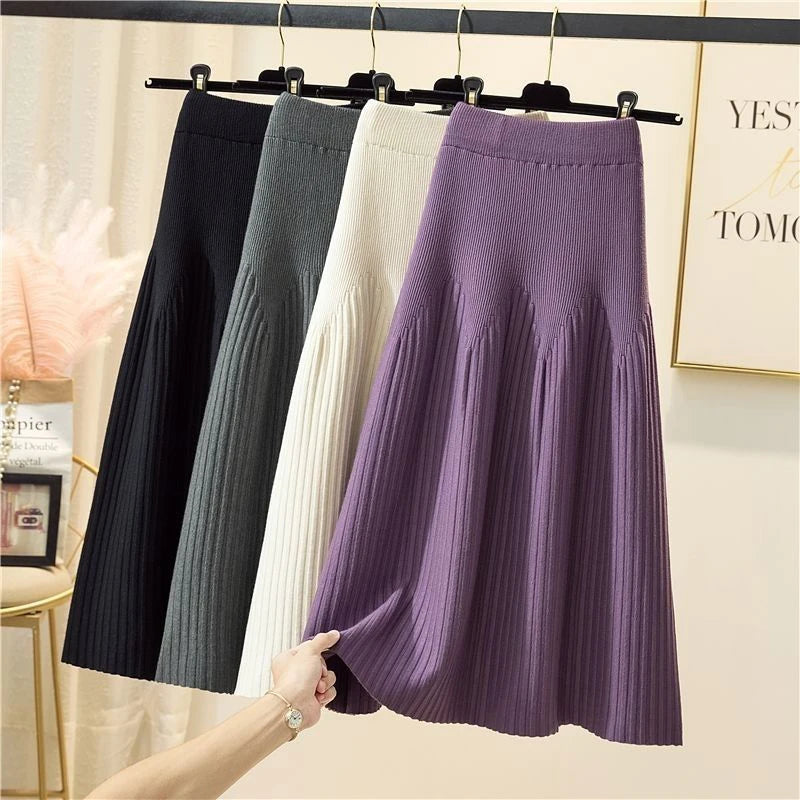 Knitted Midi Skirts Women High Waist